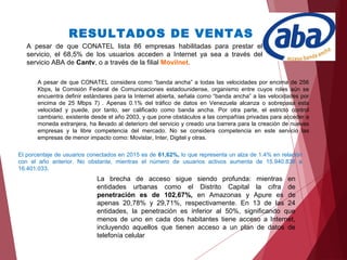 A pesar de que CONATEL lista 86 empresas habilitadas para prestar el
servicio, el 68,5% de los usuarios acceden a Internet ya sea a través del
servicio ABA de Cantv, o a través de la filial Movilnet.
RESULTADOS DE VENTAS
A pesar de que CONATEL considera como “banda ancha” a todas las velocidades por encima de 256
Kbps, la Comisión Federal de Comunicaciones estadounidense, organismo entre cuyos roles aún se
encuentra definir estándares para la Internet abierta, señala como “banda ancha” a las velocidades por
encima de 25 Mbps 7) . Apenas 0.1% del tráfico de datos en Venezuela alcanza o sobrepasa esta
velocidad y puede, por tanto, ser calificado como banda ancha. Por otra parte, el estricto control
cambiario, existente desde el año 2003, y que pone obstáculos a las compañías privadas para acceder a
moneda extranjera, ha llevado al deterioro del servicio y creado una barrera para la creación de nuevas
empresas y la libre competencia del mercado. No se considera competencia en este servicio las
empresas de menor impacto como: Movistar, Inter, Digitel y otras.
El porcentaje de usuarios conectados en 2015 es de 61,62%, lo que representa un alza de 1.4% en relación
con el año anterior. No obstante, mientras el número de usuarios activos aumenta de 15.940.838 a
16.401.033.
La brecha de acceso sigue siendo profunda: mientras en
entidades urbanas como el Distrito Capital la cifra de
penetración es de 102,67%, en Amazonas y Apure es de
apenas 20,78% y 29,71%, respectivamente. En 13 de las 24
entidades, la penetración es inferior al 50%, significando que
menos de uno en cada dos habitantes tiene acceso a Internet,
incluyendo aquellos que tienen acceso a un plan de datos de
telefonía celular
 