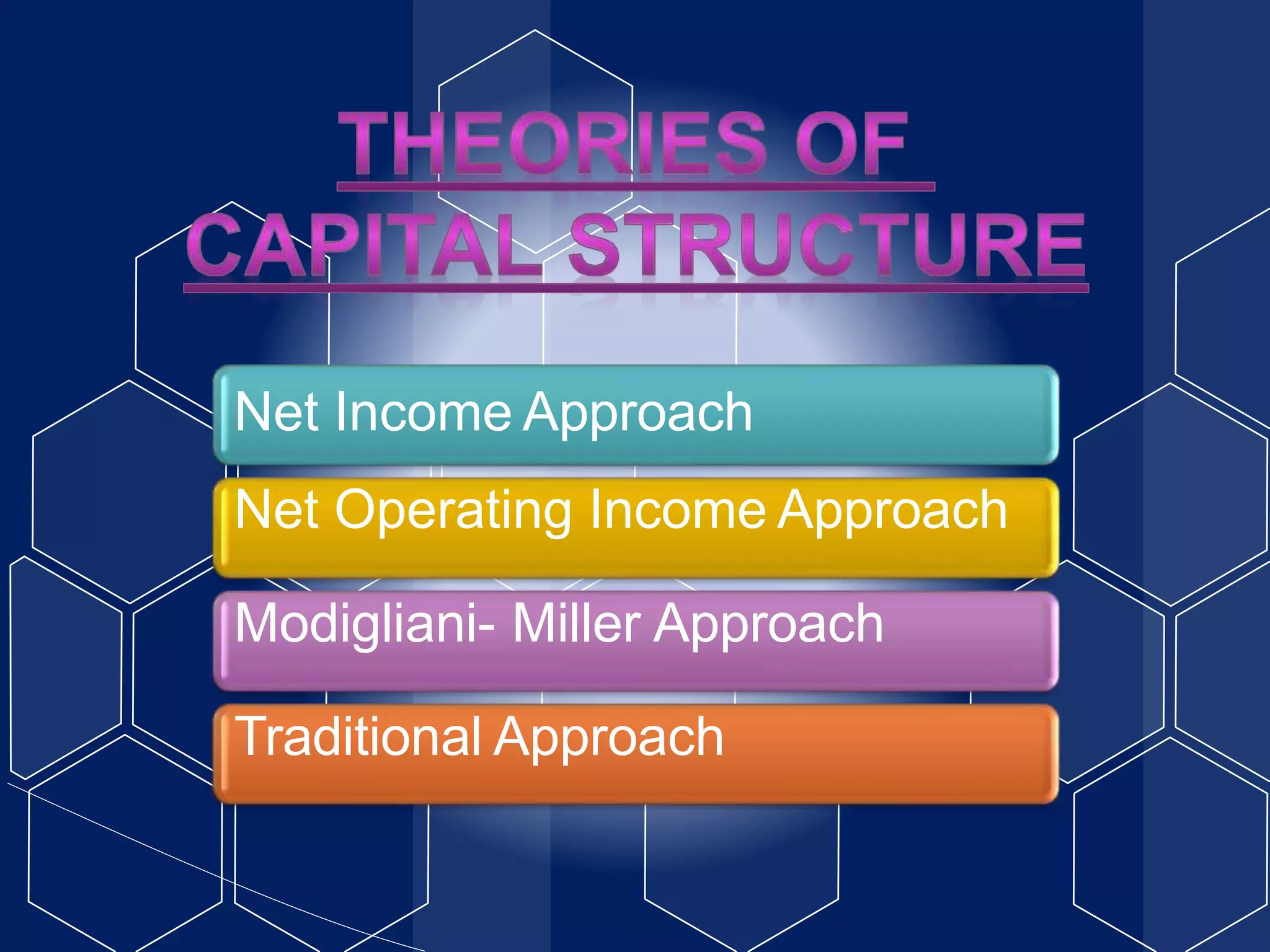 Net Income Approach
Net Operating Income Approach
Modigliani- Miller Approach
Traditional Approach
 