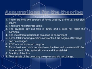 1. There are only two sources of funds used by a firm i.e. debt plus
equity.
2. There are no corporate taxes.
3. The dividend pay out ratio is 100% and it does not retain the
earnings.
4. The investment decision is assumed to be constant.
5. Firms total financing remains constant but the degree of leverage
can be changed.
6. EBIT are not expected to grow.
7. Firms business risk is constant over the time and is assumed to be
independent of its capital structure and financial risk.
8. Stability of the firm
9. Total assets of the company are given and do not change.
 