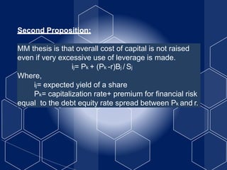 Second Proposition:
MM thesis is that overall cost of capital is not raised
even if very excessive use of leverage is made.
ij= Pk + (Pk -r)Bj / Sj
Where,
ij= expected yield of a share
Pk= capitalization rate+ premium for financial risk
equal to the debt equity rate spread between Pk and r.
 
