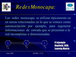 RedesMonocapa: l 1 l n l 2 Las  redes  monocapa  se utilizan típicamente en  en tareas relacionadas en lo que se conoce como autoasociación:  por  ejemplo,  para  regenerar  informaciones  de  entrada que se presentan a la red incompletas o distorsionadas . P/ejemplo  Hopfield, BSB, Learnig Matrix 