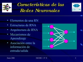Características de las Redes Neuronales   Elementos de una RN Estructuras de RNA Arquitectura de RNA Mecanismos de Aprendizaje Asociación entre la información de entrada/salida 