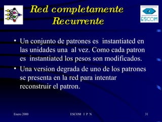 Red completamente  Recurrente Un conjunto de patrones es  instantiated en las unidades una  al vez. Como cada patron es  instantiated los pesos son modificados. Una version degrada de uno de los patrones se presenta en la red para intentar reconstruir el patron.  