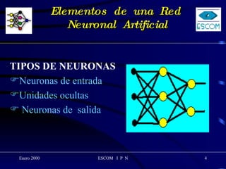 Elementos  de  una  Red  Neuronal  Artificial TIPOS DE NEURONAS Neuronas de entrada  Unidades ocultas Neuronas de  salida 