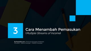 By Finansialku.com – Perencana Keuangan di Indonesia
Konsultasi – Aplikasi Keuangan – Pelatihan Keuangan
Cara Menambah Pemasukan
(Multiple Streams of Income)3
 