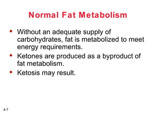 Normal Fat Metabolism






4-7

Without an adequate supply of
carbohydrates, fat is metabolized to meet
energy requirements.
Ketones are produced as a byproduct of
fat metabolism.
Ketosis may result.

 