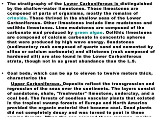 • The stratigraphy of the Lower Carboniferous is distinguished
by the shallow-water limestones. These limestones are
composed of parts of organisms, mostly the remains of
crinoids. These thrived in the shallow seas of the Lower
Carboniferous. Other limestones include lime mudstones and
oolithic limestones. Lime mudstones are composed of the
carbonate mud produced by green algae. Oolithic limestones
are composed of calcium carbonate in concentric spheres
that were produced by high wave energy. Sandstones
(sedimentary rock composed of quartz sand and cemented by
silica or calcium carbonate) and siltstones (rock composed of
hardened silt) are also found in the Lower Carboniferous
strata, though not in as great abundance than the L.S.
• Coal beds, which can be up to eleven to twelve meters thick,
characterize the
Upper Carboniferous. Deposits reflect the transgression and
regression of the seas over the continents. The layers consist
of sandstone, shale, "freshwater" limestone, underclay, and a
coal bed. The forests of seedless vascular plants that existed
in the tropical swamp forests of Europe and North America
provided the organic material that became coal. Dead plants
did not completely decay and was turned to peat in these
 