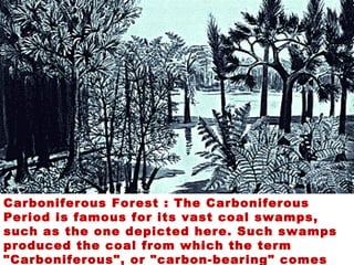 Carboniferous Forest : The Carboniferous
Period is famous for its vast coal swamps,
such as the one depicted here. Such swamps
produced the coal from which the term
"Carboniferous", or "carbon-bearing" comes
 