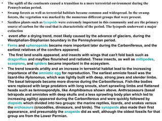 • The uplift of the continents caused a transition to a more terrestrial environment during the
Pennsylvanian period.
• Swamp forests as well as terrestrial habitats became common and widespread. In the swamp
forests, the vegetation was marked by the numerous different groups that were present.
• Seedless plants such as lycopsids were extremely important in this community and are the primary
source of carbon for the coal that is characteristic of the period. The lycopods underwent a major
extinction
• event after a drying trend, most likely caused by the advance of glaciers, during the
Westphalian-Stephanian boundary in the Pennsylvanian period.
• Ferns and sphenopsids became more important later during the Carboniferous, and the
earliest relatives of the conifers appeared.
• The first land snails appeared, and insects with wings that can't fold back such as
dragonflies and mayflies flourished and radiated. These insects, as well as millipedes,
scorpions, and spiders became important in the ecosystem.
• The trend towards aridity and an increase in terrestrial habitat lead to the increasing
importance of the amniotic egg for reproduction. The earliest amniote fossil was the
lizard-like Hylonomus, which was lightly built with deep, strong jaws and slender limbs.
The basal tetrapods became more diverse during the Carboniferous. Fish-like bodies
were replaced with large predators with long snouts, short sprawling limbs and flattened
heads such as temnospondyls, like Amphibiamus shown above. Anthracosaurs (basal
tetrapods and amniotes with deep skulls and a less sprawling body plan which led to
increasing agility) appeared during the Carboniferous and were quickly followed by
diapsids which divided into two groups: the marine reptiles, lizards, and snakes versus
the archosaurs (crocodiles, dinosaurs, and birds). The synapsids also made their first
appearance, and presumably the anapsids did as well, although the oldest fossils for that
group are from the Lower Permian.
 