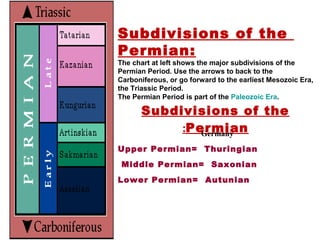 Subdivisions of the
Permian:
The chart at left shows the major subdivisions of the
Permian Period. Use the arrows to back to the
Carboniferous, or go forward to the earliest Mesozoic Era,
the Triassic Period.
The Permian Period is part of the Paleozoic Era.
Subdivisions of the
Permian: Germany
Upper Permian= Thuringian
Middle Permian= Saxonian
Lower Permian= Autunian
 