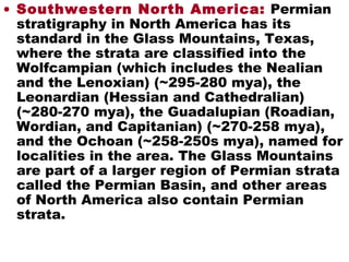 • Southwestern North America: Permian
stratigraphy in North America has its
standard in the Glass Mountains, Texas,
where the strata are classified into the
Wolfcampian (which includes the Nealian
and the Lenoxian) (~295-280 mya), the
Leonardian (Hessian and Cathedralian)
(~280-270 mya), the Guadalupian (Roadian,
Wordian, and Capitanian) (~270-258 mya),
and the Ochoan (~258-250s mya), named for
localities in the area. The Glass Mountains
are part of a larger region of Permian strata
called the Permian Basin, and other areas
of North America also contain Permian
strata.
 