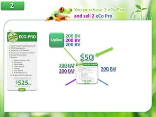 Upline
21
200 BV 200 BV
200 BV
200 BV
200 BV
200 BV
200 BV
200 BV
2
200 / 300
Or
300 / 200 
100 – 0 Left
You purchase 1 eCo Pro
and sell 2 eCo Pro
$50
 