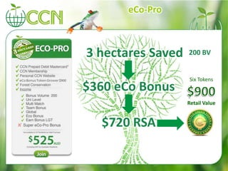 3 hectares Saved
$360 eCo Bonus
$720 RSA
Six Tokens
Retail Value
200 BV
eCo-Pro
 