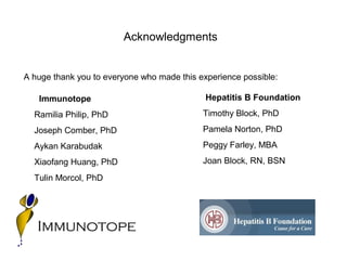 Acknowledgments
A huge thank you to everyone who made this experience possible:
Immunotope
Ramilia Philip, PhD
Joseph Comber, PhD
Aykan Karabudak
Xiaofang Huang, PhD
Tulin Morcol, PhD
Hepatitis B Foundation
Timothy Block, PhD
Pamela Norton, PhD
Peggy Farley, MBA
Joan Block, RN, BSN
 