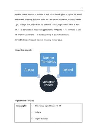 5
provides various products to travelers as well. It is a fantastic place to explore the natural
environment, especially in Yukon. There are a lots excited adventures, such as Northern
Light, Midnight Sun, and wildlife. An estimated 12,000 people visited Yukon in April
2015. This represents an increase of approximately 500 people or 5% compared toApril
2014(Yukon Government). The hotel occupancy in Yukon has increased
2.3 %( Destination Canada). Yukon is becoming popular place.
Competitor Analysis:
SegmentationAnalysis:
Demographic • The average age of brides: 45-65
• Affluent
• Degree Educated
Competitor
Analysis
Alaska
Norther
Territories
Iceland
 