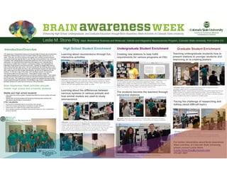 Introduction/Overview High School Student Enrichment Undergraduate Student Enrichment Graduate Student Enrichment
The department of Biomedical Sciences at Colorado State University has provided Brain
Awareness Week activities to local Fort Collins middle and high schools for over 10
years. Each year, we strive to improve the program and currently provide enhanced
neuroscience learning opportunities for over 500 high school students in the community.
In addition, both undergraduate and graduate students at CSU have the chance to
participate in an experiential learning process that deepens their understanding of
neuroscience, enables them to teach in a small group setting, and emphasizes the
importance of giving back to the local community. Typically our largest BAW event is
held at Rocky Mountain High school. We have worked with the Wellness Team at this
high school for several years and have a very well developed program; the high school
has a week-long event that includes daily activities, games and competitions for the
students. On the last 2 days of the week, CSU volunteers present 12 interactive
neuroscience stations at the high school. These stations range in topic from
neurological diseases and mechanisms to how sensory systems function. Each station
includes an informative poster and at least one interactive activity related to the topic.
Prior to the event, CSU students are trained to present the material and lead the high
school students through the activities. The benefits to high school, undergraduate and
graduate students are varied and are the focus of this presentation.
Brain Awareness Week activities educate
middle, high school and university students
Middle and High school students:
• Learn about the nervous system, diseases that affect the nervous system and brain
research
• Interact with university students and faculty, thus learning about careers and
educational opportunities in neuroscience
CSU students:
• Increase their knowledge about neuroscience and research
• Learn how to teach neuroscience concepts to younger students
• Interact with CSU’s BAW faculty outside of the classroom
• Some students develop new stations and activities based on CSU coursework or
personal interests
Learning about neuroscience through fun,
interactive activities
Creating new stations to help fulfill
requirements for various programs at CSU
Learning about the differences between
nervous systems in various animals and
how animal models are used to study
neuroscience
The students become the teachers through
interactive stations
Left panel: Graduate student Ben Johnson helps high school students understand
action potential propagation and myelination using a jumping activity and carpet
squares. Right panel: Undergraduate student Robyn Christine helps high school
students see their taste papillae using vanilla ice-cream
Left panel: Graduate student Jimmy Singh explains how fruit flies can be used to
study the neuromuscular junction. Right panel: Undergraduate student Erin Peter
explains differences between the brains of various animals relative to behavioral
needs. High school students are allowed to pick up and examine the brain specimens
at the table and CSU students encourage them to ask questions. High school
students with a wide variety of backgrounds visit and learn from our stations.
Left panel: Kyleigh King created this station covering the effects of diabetes on the
nervous system as part of her Presidential Leadership Program. Other CSU
students have created new stations as part of their undergraduate honor’s thesis.
Right Panel: Derek George created a booklet describing our BAW program for the
project requirement in his “Writing in the Sciences” class at CSU.
Left panel: Taylor Den Hartog explains visual perception using optical illusions.
Right Panel: Joe Felton talks about taste, smell and flavor to a group of students.
Left panel: Master’s student Davis Witt explains how to present the visual
perception station two two undergraduate students.
Right Panel: Master’s student Alyssa Grossnickle presents the poster that she and
another student re-created for Brain Awareness Week. She and Nathan Byers, a
PhD student, researched Alzheimer’s Disease, found pictures to illustrate concepts
and put together this poster to replace an outdated poster.
Teaching undergraduate students how to
present stations to younger students and
improving or re-creating posters
Facing the challenge of researching and
talking about difficult topics
Left panel: Master’s students Warren Hayashi and Brad Jones explain epilepsy and
seizure disorders to two high school students.
Right Panel: Master’s student Alex Zuelke talks about how Ecstasy affects
neurotransmission and how this leads to the affects associated with the drug.
For further information about Brain Awareness
Week activities at Colorado State University,
please contact Leslie Stone
(Leslie.Stone-Roy@colostate.edu)
970-491-3801
Chelsea Samini and Travis Spear enjoy a break in-between student groups
Graduate student Mallory Shields
shows multiple stages of Drosophila
to a group of students
 