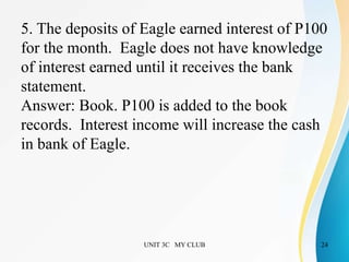 UNIT 3C MY CLUB 24
5. The deposits of Eagle earned interest of P100
for the month. Eagle does not have knowledge
of interest earned until it receives the bank
statement.
Answer: Book. P100 is added to the book
records. Interest income will increase the cash
in bank of Eagle.
 