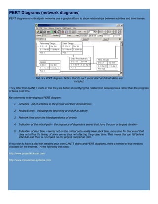 PERT Diagrams (network diagrams)
PERT diagrams or critical path networks use a graphical form to show relationships between activities and time frames.
Part of a PERT diagram. Notice that for each event start and finish dates are
included.
They differ from GANTT charts in that they are better at identifying the relationship between tasks rather than the progress
of tasks over time.
Key elements in developing a PERT diagram:
1. Activities - list of activities in the project and their dependencies
2. Nodes/Events - indicating the beginning or end of an activity
3. Network lines show the interdependence of events
4. Indication of the critical path - the sequence of dependent events that have the sum of longest duration
5. Indication of slack time - events not on the critical path usually have slack time, extra time for that event that
does not effect the timing of other events thus not effecting the project time. That means that can fall behind
schedule and there is no impact on the project completion date.
If you wish to have a play with creating your own GANTT charts and PERT diagrams, there a number of trial versions
available on the Internet. Try the following web sites:
http://www.projectkickstart.com/
http://www.minuteman-systems.com/
 