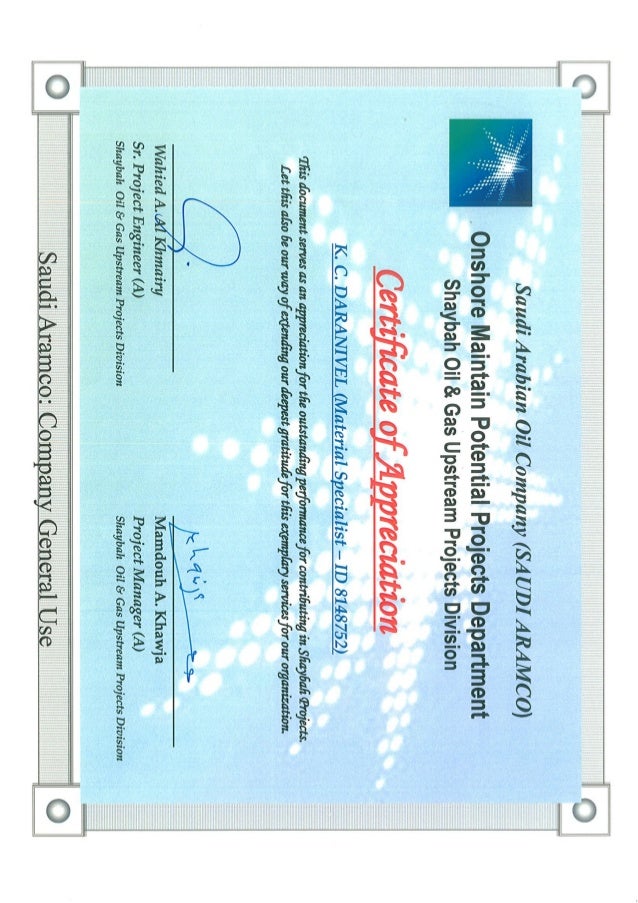 CERTIFICATE SAUDI ARAMCO K.C.DARANIVEL