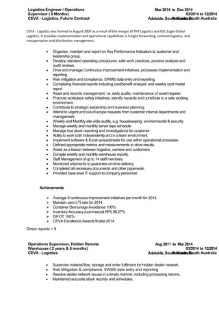 Logistics Engineer / Operations
Supervisor ( 9 Months) 03/2014 to 12/2014
CEVA - Logistics, Futuris Contract Adelaide,South Australia
Mar 2014 to Dec 2014
Adelaide,South Australia
CEVA - Logistics was formed in August 2007 as a result of the merger of TNT Logistics and EGL Eagle Global
Logistics. It provides implementation and operational capabilities in freight forwarding, contract logistics, and
transportation and distribution management.
 Organise, maintain and report on Key Performance Indicators to customer and
leadership group.
 Develop standard operating procedures, safe work practices, process analysis and
audit reviews.
 Drive and manage Continuous Improvement initiatives, processes implementation and
reporting
 Risk mitigation and compliance, SWMS data entry and reporting.
 Completing financial reports including cost/benefit analysis' and weekly cost model
report
 Asset and records management, i.e. early audits; maintenance of asset register;
 Promote workplace safety initiatives, identify hazards and contribute to a safe working
environment.
 Contribute to strategic leadership and business planning.
 Attend to urgent and out-of-scope requests from customer internal departments and
management.
 Weekly and Monthly site wide audits, e.g. housekeeping; environmental & security
 Manage weekly and monthly server tape schedule
 Manage lost stock reporting and investigations for customer
 Ability to work both independently and in a team environment
 Implement software & Excel spreadsheets for use within operational processes.
 Defined appropriate metrics and measurements to drive results.
 Acted as a liaison between logistics, carriers and customers.
 Compile weekly and monthly warehouse reports.
 Staff Management of up to 14 staff members.
 Monitored shipments to guarantee on-time delivery.
 Completed all necessary documents and other paperwork.
 Provided base level IT support to company personnel.
Achievements
 Average 9 continuous improvement initiatives per month for 2014
 Maintain zero LTI rate for 2014
 Container Demurrage Avoidance 100%
 Inventory Accuracy (commercial KPI) 98.27%
 DIFOT 100%
 CEVA Excellence Awards finalist 2014
Direct reports = 8
Operations Supervisor, Holden Remote
Warehouse ( 2 years & 6 months) 03/2014 to 12/2014
CEVA - Logistics Adelaide,South Australia
Aug 2011 to Mar 2014
Adelaide,South Australia
 Supervise material flow, storage and order fulfilment for Holden dealer network.
 Risk Mitigation & compliance, SWMS data entry and reporting
 Resolve dealer network issues in a timely manner, including processing returns.
 Maintained accurate stock records and schedules.
 