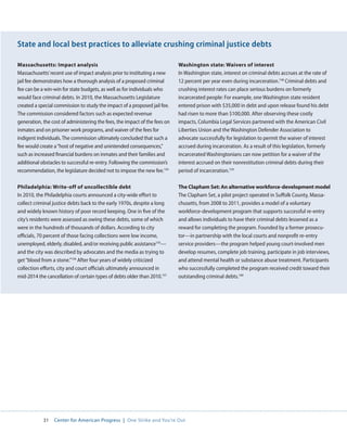 31 Center for American Progress | One Strike and You’re Out 
Massachusetts: Impact analysis 
Massachusetts’ recent use of impact analysis prior to instituting a new 
jail fee demonstrates how a thorough analysis of a proposed criminal 
fee can be a win-win for state budgets, as well as for individuals who 
would face criminal debts. In 2010, the Massachusetts Legislature 
created a special commission to study the impact of a proposed jail fee. 
The commission considered factors such as expected revenue 
generation, the cost of administering the fees, the impact of the fees on 
inmates and on prisoner work programs, and waiver of the fees for 
indigent individuals. The commission ultimately concluded that such a 
fee would create a “host of negative and unintended consequences,” 
such as increased financial burdens on inmates and their families and 
additional obstacles to successful re-entry. Following the commission’s 
recommendation, the legislature decided not to impose the new fee.154 
Philadelphia: Write-off of uncollectible debt 
In 2010, the Philadelphia courts announced a city-wide effort to 
collect criminal justice debts back to the early 1970s, despite a long 
and widely known history of poor record keeping. One in five of the 
city’s residents were assessed as owing these debts, some of which 
were in the hundreds of thousands of dollars. According to city 
officials, 70 percent of those facing collections were low income, 
unemployed, elderly, disabled, and/or receiving public assistance155— 
and the city was described by advocates and the media as trying to 
get “blood from a stone.”156 After four years of widely criticized 
collection efforts, city and court officials ultimately announced in 
mid-2014 the cancellation of certain types of debts older than 2010.157 
Washington state: Waivers of interest 
In Washington state, interest on criminal debts accrues at the rate of 
12 percent per year even during incarceration.158 Criminal debts and 
crushing interest rates can place serious burdens on formerly 
incarcerated people: For example, one Washington state resident 
entered prison with $35,000 in debt and upon release found his debt 
had risen to more than $100,000. After observing these costly 
impacts, Columbia Legal Services partnered with the American Civil 
Liberties Union and the Washington Defender Association to 
advocate successfully for legislation to permit the waiver of interest 
accrued during incarceration. As a result of this legislation, formerly 
incarcerated Washingtonians can now petition for a waiver of the 
interest accrued on their nonrestitution criminal debts during their 
period of incarceration.159 
The Clapham Set: An alternative workforce-development model 
The Clapham Set, a pilot project operated in Suffolk County, Massa-chusetts, 
from 2008 to 2011, provides a model of a voluntary 
workforce-development program that supports successful re-entry 
and allows individuals to have their criminal debts lessened as a 
reward for completing the program. Founded by a former prosecu-tor— 
in partnership with the local courts and nonprofit re-entry 
service providers—the program helped young court-involved men 
develop resumes, complete job training, participate in job interviews, 
and attend mental health or substance abuse treatment. Participants 
who successfully completed the program received credit toward their 
outstanding criminal debts.160 
State and local best practices to alleviate crushing criminal justice debts 
 