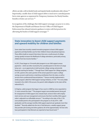 33 Center for American Progress | One Strike and You’re Out 
Some states have recently created innovative programs to boost child support 
payments and help families save for their children’s future educational expenses. 
These efforts build on research that shows that even a small amount of college 
savings greatly increases the likelihood of college attendance, particularly among 
children from low-income families.171 
In 2012, Texas began an 18-month pilot program to use child support arrears 
payments—which are often received by the custodial parent in the form of a large 
lump sum—as an opportunity to both promote college savings and provide 
financial coaching for families.172 Through Texas’ Child Support for College program, 
or CS4C, parents who used a portion of the arrears payment to open a college 
savings account could receive a matching contribution from the state, as well as 
services from a professional financial planner.173 Kansas recently implemented a 
similar program called the Child Support Savings Initiative, or CSSI.174 For every dollar 
invested in the child’s CSSI account, the parent’s debt obligation to the state will be 
reduced by $2. 
In Virginia, a pilot program that began in four courts in 2008 has since expanded to 
31 courts around the state.175 The program targets noncustodial parents facing jail 
for nonpayment of child support and, instead of jail, connects them with employ-ment 
services and case management and ensures that their monthly child support 
order is adjusted to an affordable amount.176 According to the state, of the 2,736 
noncustodial parents who participated in the program as of July 2014, 1,000 
graduated, and the average monthly child support payment per graduate more than 
doubled.177 Recently added into the mix is Club Reinvent, a weekly support group 
that provides job hunting and other guidance; 85 of the approximately 150 men who 
have participated in Club Reinvent are reported to have found work.178 
State innovation to boost child support payments 
and upward mobility for children and families 
efforts can take a toll on family bonds and impede family reunification after release.168 
Importantly, a sizable share of child support debts is owed not to custodial parents 
but to state agencies as repayment for Temporary Assistance for Needy Families 
benefits or foster care services.169 
In recognition of the challenges that child support arrearages can pose to re-entry, 
the Department of Health and Human Services’ Office of Child Support 
Enforcement has released extensive guidance to states with best practices for 
alleviating the burden of child support arrearages.170 
 