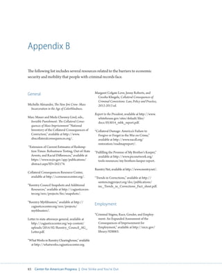 65 Center for American Progress | One Strike and You’re Out 
Appendix B 
The following list includes several resources related to the barriers to economic 
security and mobility that people with criminal records face. 
General 
Michelle Alexander, The New Jim Crow: Mass 
Incarceration in the Age of Colorblindness. 
Marc Mauer and Meda Chesney-Lind, eds., 
Invisible Punishment: The Collateral Conse-quences 
of Mass Imprisonment “National 
Inventory of the Collateral Consequences of 
Conviction,” available at http://www. 
abacollateralconsequences.org/. 
“Extension of Current Estimates of Redemp-tion 
Times: Robustness Testing, Out-of-State 
Arrests, and Racial Differences,” available at 
https://www.ncjrs.gov/app/publications/ 
abstract.aspx?ID=262174. 
Collateral Consequences Resource Center, 
available at http://ccresourcecenter.org/. 
“Reentry Council Snapshots and Additional 
Resources,” available at http://csgjusticecen-ter. 
org/nrrc/projects/firc/snapshots/. 
“Reentry Mythbusters,” available at http:// 
csgjusticecenter.org/nrrc/projects/ 
mythbusters/. 
Letter to state attorneys general, available at 
http://csgjusticecenter.org/wp-content/ 
uploads/2014/02/Reentry_Council_AG_ 
Letter.pdf. 
“What Works in Reentry Clearinghouse,” available 
at http://whatworks.csgjusticecenter.org. 
Margaret Colgate Love, Jenny Roberts, and 
Cecelia Klingele, Collateral Consequences of 
Criminal Convictions: Law, Policy and Practice, 
2012-2013 ed. 
Report to the President, available at http://www. 
whitehouse.gov/sites/default/files/ 
docs/053014_mbk_report.pdf. 
“Collateral Damage: America’s Failure to 
Forgive or Forget in the War on Crime,” 
available at http://www.nacdl.org/ 
restoration/roadmapreport/. 
“Fulfilling the Promise of My Brother’s Keeper,” 
available at http://www.piconetwork.org/ 
tools-resources/my-brothers-keeper-report. 
Reentry Net, available at http://www.reentry.net/. 
“Trends in Corrections,” available at http:// 
sentencingproject.org/doc/publications/ 
inc_Trends_in_Corrections_Fact_sheet.pdf. 
Employment 
“Criminal Stigma, Race, Gender, and Employ-ment: 
An Expanded Assessment of the 
Consequences of Imprisonment for 
Employment,” available at http://nicic.gov/ 
library/028063. 
 