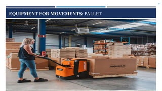 20
EQUIPMENT FOR MOVEMENTS: PALLET
• An HPT has a hydraulic pump to enable the operator to lift a
pallet sufficiently to move it across the warehouse floor.
• It is a cost-effective piece of equipment to move pallets across
short distances.
• It can also maneuver pallets within the racking or on the back of
a trailer or container.
Power pallet trucks
• These are battery operated and are used for loading, unloading,
picking and pallet-transfer duties to and from the receiving and
dispatch areas.
• They can be supplied as pedestrian, stand-on or seated versions.
 