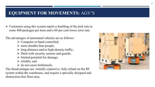 22
EQUIPMENT FOR MOVEMENTS: AGV’S
 Customers using this system report a doubling of the pick rate to
some 400 packages per hour and a 60 per cent lower error rate.
The advantages of automated vehicles are as follows:
 Computer or hand controlled;
 more durable than people;
 long-distance and/or high-density traffic;
 fitted with security sensors and guards;
 limited potential for damage;
 reliable; and
 do not cause bottlenecks
The disadvantages are :initially expensive, fully reliant on the RF
system within the warehouse, and require a specially designed and
obstruction-free floor area.
 