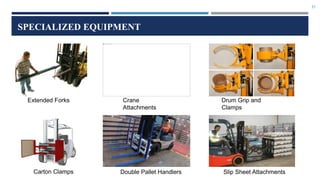 27
SPECIALIZED EQUIPMENT
Extended Forks Crane
Attachments
Drum Grip and
Clamps
Double Pallet Handlers Slip Sheet Attachments
Carton Clamps
 