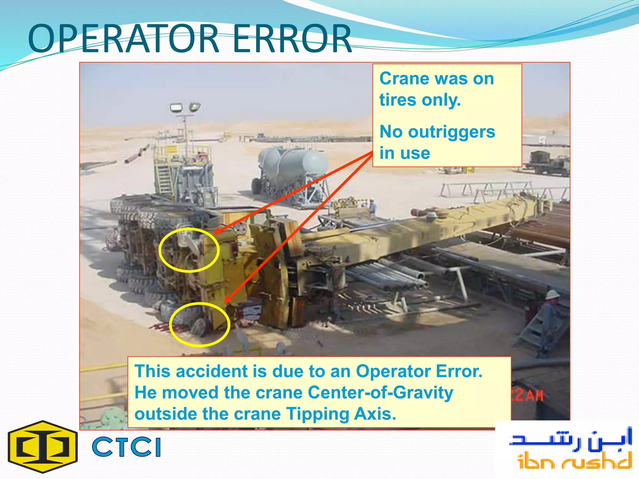 OPERATOR ERROR
This accident is due to an Operator Error.
He moved the crane Center-of-Gravity
outside the crane Tipping Axis.
Crane was on
tires only.
No outriggers
in use
 