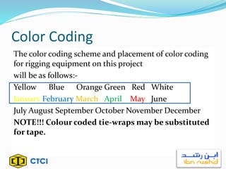Color Coding
The color coding scheme and placement of color coding
for rigging equipment on this project
will be as follows:-
Yellow Blue Orange Green Red White
January February March April May June
July August September October November December
NOTE!!! Colour coded tie-wraps may be substituted
for tape.
 