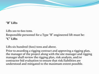 “B” Lifts
Lifts 100 to 600 tons.
Responsible personnel for a Type “B” engineered lift must be:
“C” Lifts
Lifts six hundred (600) tons and above.
Prior to awarding a rigging contract and approving a rigging plan,
the manager of the project along with the site manager and rigging
manager shall review the rigging plan, risk analysis, and/or
contractor bid evaluation to ensure that risk/liabilities are
understood and mitigated to the maximum extent possible.
 