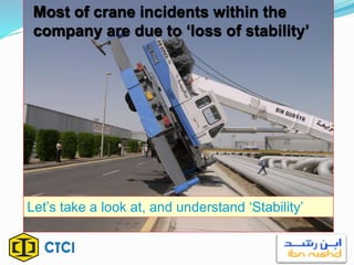 Let’s take a look at, and understand ‘Stability’
Most of crane incidents within the
company are due to ‘loss of stability’
 