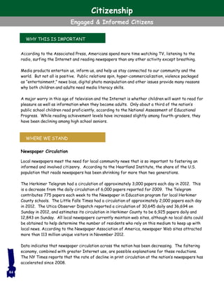 According to the Associated Press, Americans spend more time watching TV, listening to the
radio, surfing the Internet and reading newspapers than any other activity except breathing.
Media products entertain us, inform us, and help us stay connected to our community and the
world. But not all is positive. Public relations spin, hyper-commercialization, violence packaged
as “entertainment,” news bias, digital photo manipulation and other issues provide many reasons
why both children and adults need media literacy skills.
A major worry in this age of television and the Internet is whether children will want to read for
pleasure as well as information when they become adults. Only about a third of the nation’s
public school children read proficiently, according to the National Assessment of Educational
Progress. While reading achievement levels have increased slightly among fourth-graders, they
have been declining among high school seniors.
Newspaper Circulation
Local newspapers meet the need for local community news that is so important to fostering an
informed and involved citizenry. According to the Heartland Institute, the share of the U.S.
population that reads newspapers has been shrinking for more than two generations.
The Herkimer Telegram had a circulation of approximately 3,000 papers each day in 2012. This
is a decrease from the daily circulation of 6,000 papers reported for 2009. The Telegram
contributes 775 papers each week to the Newspaper in Education program for local Herkimer
County schools. The Little Falls Times had a circulation of approximately 2,000 papers each day
in 2012. The Utica Observer Dispatch reported a circulation of 30,645 daily and 36,694 on
Sunday in 2012, and estimates its circulation in Herkimer County to be 6,925 papers daily and
12,843 on Sunday. All local newspapers currently maintain web sites, although no local data could
be obtained to help determine the number of residents who rely on this medium to keep up with
local news. According to the Newspaper Association of America, newspaper Web sites attracted
more than 113 million unique visitors in November 2012.
Data indicates that newspaper circulation across the nation has been decreasing. The faltering
economy, combined with greater Internet use, are possible explanations for these reductions.
The NY Times reports that the rate of decline in print circulation at the nation’s newspapers has
accelerated since 2008.
WHY THIS IS IMPORTANT
WHERE WE STAND
84
Citizenship
Engaged & Informed Citizens
 