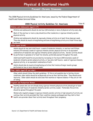 Physical & Emotional Health
Prevent Chronic Diseases
Table 91
The 2008 Physical Activity Guidelines for Americans, issued by the Federal Department of
Health and Human Services follow.
2008 Physical Activity Guidelines for Americans
Children and Adolescents (aged 6–17)
Children and adolescents should do one hour (60 minutes) or more of physical activity every day.
Most of the one hour or more a day should be either moderate or vigorous intensity aerobic
physical activity.
Children and adolescents should do vigorously intense activity on at least three days per week.
They also should do muscle strengthening and bone strengthening activity on at least three days
per week.
Adults (aged 18–64)
Adults should do two and a half hours a week of moderate intensity, or one hour and fifteen
minutes (75 minutes) a week of vigorous intensity aerobic physical activity or an equivalent
combination of moderate and vigorous intensity aerobic physical activity. Aerobic activity should
be performed in episodes of at least ten minutes, preferably spread throughout the week.
Additional health benefits are provided by increasing to five hours (300 minutes) a week of
moderate intensity aerobic physical activity, or two and a half hours a week of vigorous intensity
physical activity, or an equivalent combination of both.
Adults should also do muscle strengthening activities that involve all major muscle groups
performed on two or more days per week.
Older Adults (aged 65 and older)
Older adults should follow the adult guidelines. If this is not possible due to limiting chronic
conditions, older adults should be as physically active as their abilities allow. They should avoid
inactivity. Older adults should do exercises that maintain or improve balance if they are at risk
of falling.
Pregnant and Postpartum Women
Healthy women who are not already doing vigorous intensity physical activity should get at least
two and a half hours of moderate intensity aerobic activity a week. Preferably this activity
should be spread throughout the week.
Women who regularly engage in vigorous intensity aerobic activity or high amounts of activity can
continue their activity provided that their condition remains unchanged and they talk to their
health care provider about their activity level throughout their pregnancy.
Source: U.S. Department of Health and Human Services
163
 