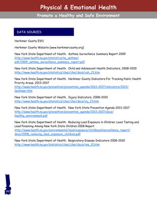 192
Herkimer County E911
Herkimer County Website (www.herkimercounty.org)
New York State Department of Health. Asthma Surveillance Summary Report 2009
http://www.health.ny.gov/statistics/ny_asthma/
pdf/2009_asthma_surveillance_summary_report.pdf
New York State Department of Health. Child and Adolescent Health Indicators, 2008–2010
http://www.health.ny.gov/statistics/chac/chai/docs/cah_21.htm
New York State Department of Health. Herkimer County Indicators For Tracking Public Health
Priority Areas, 2013–2017
http://www.health.ny.gov/prevention/prevention_agenda/2013-2017/indicators/2013/
herkimer.htm
New York State Department of Health. Injury Indicators, 2008–2010
http://www.health.ny.gov/statistics/chac/chai/docs/inj_21.htm
New York State Department of Health. New York State Prevention Agenda 2013–2017
http://www.health.ny.gov/prevention/prevention_agenda/2013-2017/docs/
healthy_environment.pdf
New York State Department of Health. Reducing Lead Exposure in Children: Lead Testing and
Lead Poisoning Among New York State Children 2008 Report
http://www.health.ny.gov/environmental/lead/exposure/childhood/surveillance_report/
docs/2008_reducing_lead_exposure_children.pdf
New York State Department of Health. Respiratory Disease Indicators 2008–2010
http://www.health.ny.gov/statistics/chac/chai/docs/res_21.htm
DATA SOURCES
Physical & Emotional Health
Promote a Healthy and Safe Environment
 