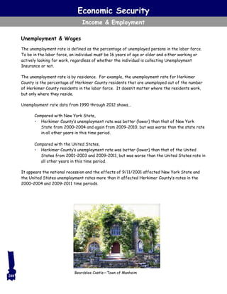 Economic Security
Income & Employment
288
Unemployment & Wages
The unemployment rate is defined as the percentage of unemployed persons in the labor force.
To be in the labor force, an individual must be 16 years of age or older and either working or
actively looking for work, regardless of whether the individual is collecting Unemployment
Insurance or not.
The unemployment rate is by residence. For example, the unemployment rate for Herkimer
County is the percentage of Herkimer County residents that are unemployed out of the number
of Herkimer County residents in the labor force. It doesn’t matter where the residents work,
but only where they reside.
Unemployment rate data from 1990 through 2012 shows...
Compared with New York State,
• Herkimer County’s unemployment rate was better (lower) than that of New York
State from 2000–2004 and again from 2009-2010, but was worse than the state rate
in all other years in this time period.
Compared with the United States,
• Herkimer County’s unemployment rate was better (lower) than that of the United
States from 2001–2003 and 2009–2011, but was worse than the United States rate in
all other years in this time period.
It appears the national recession and the effects of 9/11/2001 affected New York State and
the United States unemployment rates more than it affected Herkimer County’s rates in the
2000–2004 and 2009-2011 time periods.
Beardslee Castle—Town of Manheim
 