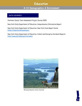 Education
K–12 Demographics & Environment
Herkimer County Teen Assessment Project Survey 2009
New York State Department of Education, Comprehensive Information Report
New York State Department of Education, New York State Report Cards
https://reportcards.nysed.gov/
New York State Department of Education, Violent and Disruptive Incidents Reports
http://www.p12.nysed.gov/irs/vadir/
DATA SOURCES
McCauley Mountain Scenic Overlook
337
 