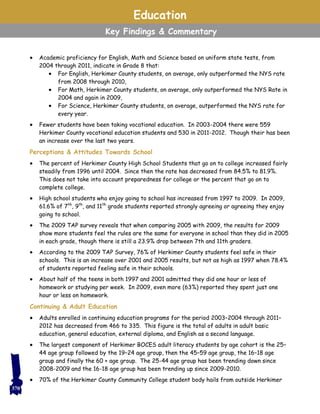 Education
Key Findings & Commentary
 Academic proficiency for English, Math and Science based on uniform state tests, from
2004 through 2011, indicate in Grade 8 that:
 For English, Herkimer County students, on average, only outperformed the NYS rate
from 2008 through 2010,
 For Math, Herkimer County students, on average, only outperformed the NYS Rate in
2004 and again in 2009,
 For Science, Herkimer County students, on average, outperformed the NYS rate for
every year.
 Fewer students have been taking vocational education. In 2003-2004 there were 559
Herkimer County vocational education students and 530 in 2011-2012. Though their has been
an increase over the last two years.
Perceptions & Attitudes Towards School
 The percent of Herkimer County High School Students that go on to college increased fairly
steadily from 1996 until 2004. Since then the rate has decreased from 84.5% to 81.9%.
This does not take into account preparedness for college or the percent that go on to
complete college.
 High school students who enjoy going to school has increased from 1997 to 2009. In 2009,
61.6% of 7th
, 9th
, and 11th
grade students reported strongly agreeing or agreeing they enjoy
going to school.
 The 2009 TAP survey reveals that when comparing 2005 with 2009, the results for 2009
show more students feel the rules are the same for everyone in school than they did in 2005
in each grade, though there is still a 23.9% drop between 7th and 11th graders.
 According to the 2009 TAP Survey, 76% of Herkimer County students feel safe in their
schools. This is an increase over 2001 and 2005 results, but not as high as 1997 when 78.4%
of students reported feeling safe in their schools.
 About half of the teens in both 1997 and 2001 admitted they did one hour or less of
homework or studying per week. In 2009, even more (63%) reported they spent just one
hour or less on homework.
Continuing & Adult Education
 Adults enrolled in continuing education programs for the period 2003–2004 through 2011–
2012 has decreased from 466 to 335. This figure is the total of adults in adult basic
education, general education, external diploma, and English as a second language.
 The largest component of Herkimer BOCES adult literacy students by age cohort is the 25–
44 age group followed by the 19–24 age group, then the 45–59 age group, the 16–18 age
group and finally the 60 + age group. The 25-44 age group has been trending down since
2008-2009 and the 16-18 age group has been trending up since 2009-2010.
 70% of the Herkimer County Community College student body hails from outside Herkimer
370
 