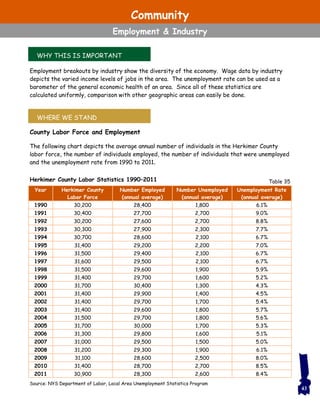 Herkimer County Labor Statistics 1990–2011
County Labor Force and Employment
The following chart depicts the average annual number of individuals in the Herkimer County
labor force, the number of individuals employed, the number of individuals that were unemployed
and the unemployment rate from 1990 to 2011.
WHY THIS IS IMPORTANT
WHERE WE STAND
Source: NYS Department of Labor, Local Area Unemployment Statistics Program
Year Herkimer County
Labor Force
Number Employed
(annual average)
Number Unemployed
(annual average)
Unemployment Rate
(annual average)
1990 30,200 28,400 1,800 6.1%
1991 30,400 27,700 2,700 9.0%
1992 30,200 27,600 2,700 8.8%
1993 30,300 27,900 2,300 7.7%
1994 30,700 28,600 2,100 6.7%
1995 31,400 29,200 2,200 7.0%
1996 31,500 29,400 2,100 6.7%
1997 31,600 29,500 2,100 6.7%
1998 31,500 29,600 1,900 5.9%
1999 31,400 29,700 1,600 5.2%
2000 31,700 30,400 1,300 4.3%
2001 31,400 29,900 1,400 4.5%
2002 31,400 29,700 1,700 5.4%
2003 31,400 29,600 1,800 5.7%
2004 31,500 29,700 1,800 5.6%
2005 31,700 30,000 1,700 5.3%
2006 31,300 29,800 1,600 5.1%
2007 31,000 29,500 1,500 5.0%
2008 31,200 29,300 1,900 6.1%
2009 31,100 28,600 2,500 8.0%
2010 31,400 28,700 2,700 8.5%
2011 30,900 28,300 2,600 8.4%
Employment breakouts by industry show the diversity of the economy. Wage data by industry
depicts the varied income levels of jobs in the area. The unemployment rate can be used as a
barometer of the general economic health of an area. Since all of these statistics are
calculated uniformly, comparison with other geographic areas can easily be done.
Table 35
43
Community
Employment & Industry
 