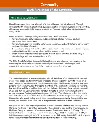 How children spend their time when out of school influences their development. Through
involvement with after school activities, such as recreation programs, clubs and sports activities,
children can learn social skills, improve academic performance and develop relationships with
caring adults.
Based on research findings catalogued by the Child Trends Data Bank:
• Participation in club activities during middle childhood is linked to higher academic
performance and self-esteem;
• Participation in sports is linked to higher social competence and contributes to better health
and lower likelihood of obesity;
• Some research shows that children of low-income families who attend after-school programs
are less likely to exhibit antisocial and problem behaviors; and
• Older children who consistently participate in after-school activities are more likely to
attend college, vote, and volunteer later in life.
The Child Trends Data Bank documents that adolescents who volunteer their services in the
community are more likely to experience overall positive academic, psychological, and
occupational outcomes and are less likely to become pregnant or use drugs.
The Community Domain is where youth spend a lot of their free, often unsupervised, time and
where young people can fall into trouble or become engaged in positive pursuits. There are a
select number of questions in the Teen Assessment Project (TAP) Survey related to how youth
perceive their community, how they spend their time in the community, how religious they are,
how safe they feel there, and how important they believe it is to contribute to their community.
It appears that our youth are finding more fun things to do within their communities, but
earning money and finding jobs is becoming more difficult. They also seem to feel that adults
value and care about teens more than their counterparts from the two previous surveys. The
high number who report feeling safe in their communities remains steady throughout the four
surveys, and over half of all teens feel it is important to contribute to their community.
One question that explores youth perception of their community asks whether they agree that
there are fun things to do in their community. There seems to be a positive trend emerging in
Herkimer County in this area. When the survey was first administered in 1997, only 27% of
teens felt there were fun things to do in their community, in 2001 the number rose to 31%, in
2005 the number rose again to 38%. In the most recent TAP survey done in 2009, 43% of youth
taking the survey responded that there were fun things to do in their community.
WHY THIS IS IMPORTANT
WHERE WE STAND
59
Community
Youth Perceptions of the Community
 