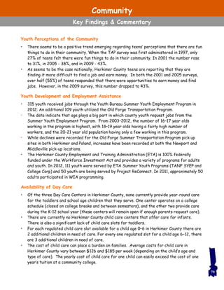 Youth Perceptions of the Community
• There seems to be a positive trend emerging regarding teens’ perceptions that there are fun
things to do in their community. When the TAP survey was first administered in 1997, only
27% of teens felt there were fun things to do in their community. In 2001 the number rose
to 31%, in 2005 - 38%, and in 2009 - 43%.
• As seems to be the case nationally, Herkimer County teens are reporting that they are
finding it more difficult to find a job and earn money. In both the 2001 and 2005 surveys,
over half (55%) of teens responded that there were opportunities to earn money and find
jobs. However, in the 2009 survey, this number dropped to 43%.
Youth Development and Employment Assistance
• 315 youth received jobs through the Youth Bureau Summer Youth Employment Program in
2012; An additional 109 youth utilized the Old Forge Transportation Program.
• The data indicate that age plays a big part in which county youth request jobs from the
Summer Youth Employment Program. From 2003–2012, the number of 16–17 year olds
working in the program is highest, with 18–19 year olds having a fairly high number of
workers, and the 20–21 year old population having only a few working in this program.
• While declines were recorded for the Old Forge Summer Transportation Program pick up
sites in both Herkimer and Poland, increases have been recorded at both the Newport and
Middleville pick-up locations.
• The Herkimer County Employment and Training Administration (ETA) is 100% federally
funded under the Workforce Investment Act and provides a variety of programs for adults
and youth. In 2012, 111 youth were served by ETA Summer Youth Programs (TANF SYEP and
College Corp) and 50 youth are being served by Project ReConnect. In 2011, approximately 50
adults participated in WIA programming.
Availability of Day Care
• Of the three Day Care Centers in Herkimer County, none currently provide year-round care
for the toddlers and school age children that they serve. One center operates on a college
schedule (closed on college breaks and between semesters), and the other two provide care
during the K-12 school year (these centers will remain open if enough parents request care).
• There are currently no Herkimer County child care centers that offer care for infants.
There is also a significant lack of child care slots for toddlers.
• For each regulated child care slot available for a child age 0–6 in Herkimer County there are
2 additional children in need of care. For every one regulated slot for a child age 6–12, there
are 3 additional children in need of care.
• The cost of child care can place a burden on families. Average costs for child care in
Herkimer County vary between $126 and $185 per week (depending on the child’s age and
type of care). The yearly cost of child care for one child can easily exceed the cost of one
year’s tuition at a community college.
79
Community
Key Findings & Commentary
 
