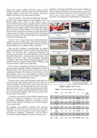 images into a game. Collision detection, camera control,
navigation handlers, interactive buttons, material loaders and
geometry loaders are just some of the features that will be
utilized in the Virtual Tour when loaded into Flash.
Away 3D / Flare3D – These APIs are a Real-Time 3D engine
for Flash. They support animation, camera, lighting, Level of
Details (LOD) and a range of other features seen in
conventional3D graphic engine.A graphic engine is a software
framework which consists ofmethods that enable real-time 3D
applications to be rapidly created. Using a 3D graphic engine
means you have to use the methods in the library and feeding
them the data to render 3D environment you need.These game
engines involve 3D loaders which load the 3D content being
used for the Virtual Tour and enable them to be manipulated
using Flash ActionScript code.
Unity 3D / UE4 - As game engine these software frameworks
support the creation of video games. Their main functionalities
include a renderer for 2D and 3D graphics, collision detection,
Sound, Scripting, AI, Localization and a scene graph.
Unity provides a platform to develop games for multiple
platforms including IOS, Android, Windows, Mac, PS4, Xbox,
Oculus rift and many more, supporting development for
desktop,console,mobile, web and VR platforms. It also has real
time global illumination and physically based shader. Unity
combines both level editor, and programming languages
including C#, Boo and JavaScript to develop the application. As
a professional tool, it supports a large number of images, sound
and video formats to allow for easy importing.
UE4 is a game development tool that provides a platform to
develop games for multiple platforms including IOS, Android,
Windows, Mac, PS4, Xbox, Oculus rift and many more,
supporting development for desktop, console,mobile, web and
VR platforms. Unreal uses custom lighting, shading visual
effects and cinematic systems. UE4 also combine a variety of
tools and editors with programming using C++.
Unreal also has a feature called blueprints, which allow you
to develop game logic without using any code. It also has a
terrain and foliage tool which allows you to create large open
world environments, and then painting them with trees, grass
and other terrains. It has a simple drag and drop system that
allows the userto quickly and easily populate the virtual world.
It is also Oculus rift compatible which is exactly what we need
for the creation of this project.
To illustrate some features of these different digital content
solutions, we propose a comparison of a series of virtual
environment walkthrough applications developed over the
years by LJMU students. The details can be shown in figures
1(a)-(h) and in table 1.
3D modelling and rendering techniques have improved
drastically over the past few years, and we believe that a fully
virtualized tour of an environment can offer a more immersive
and interactive experience. Furthermore, it will be able to
overcome the inherent limitations previously discussed.The
remainder of this paper will build upon our idea of utilizing a
fully virtualized and interactive tour environment, and we will
compare (a) Scuderia Ferrari and (h) LJMU Formula Student Race
Team in terms of four criteria: ease of navigation, level of
interaction, visual appearance and information communication.
(a)- Scuderia Ferrari (WebGL,
2015)
(b)-Turkish Bath VT
(OpenGL,2006)
(c)-MuseumVT (Away3D,
2012)
(d)-City VT (Homura 3D, 2011)
(e)-Deri TempleVT (OpenGL,
2007)
(f)-Museum VT (Flare3D, 2016)
(g)-LJMU VT (Unity 3D, 2014) (h)- LJMU Formula Student
Race Team (UE4, 2016)
Figure 1 (a)-(h). Virtual Tours
Table 1. Content Creation Tools Comparison
 
