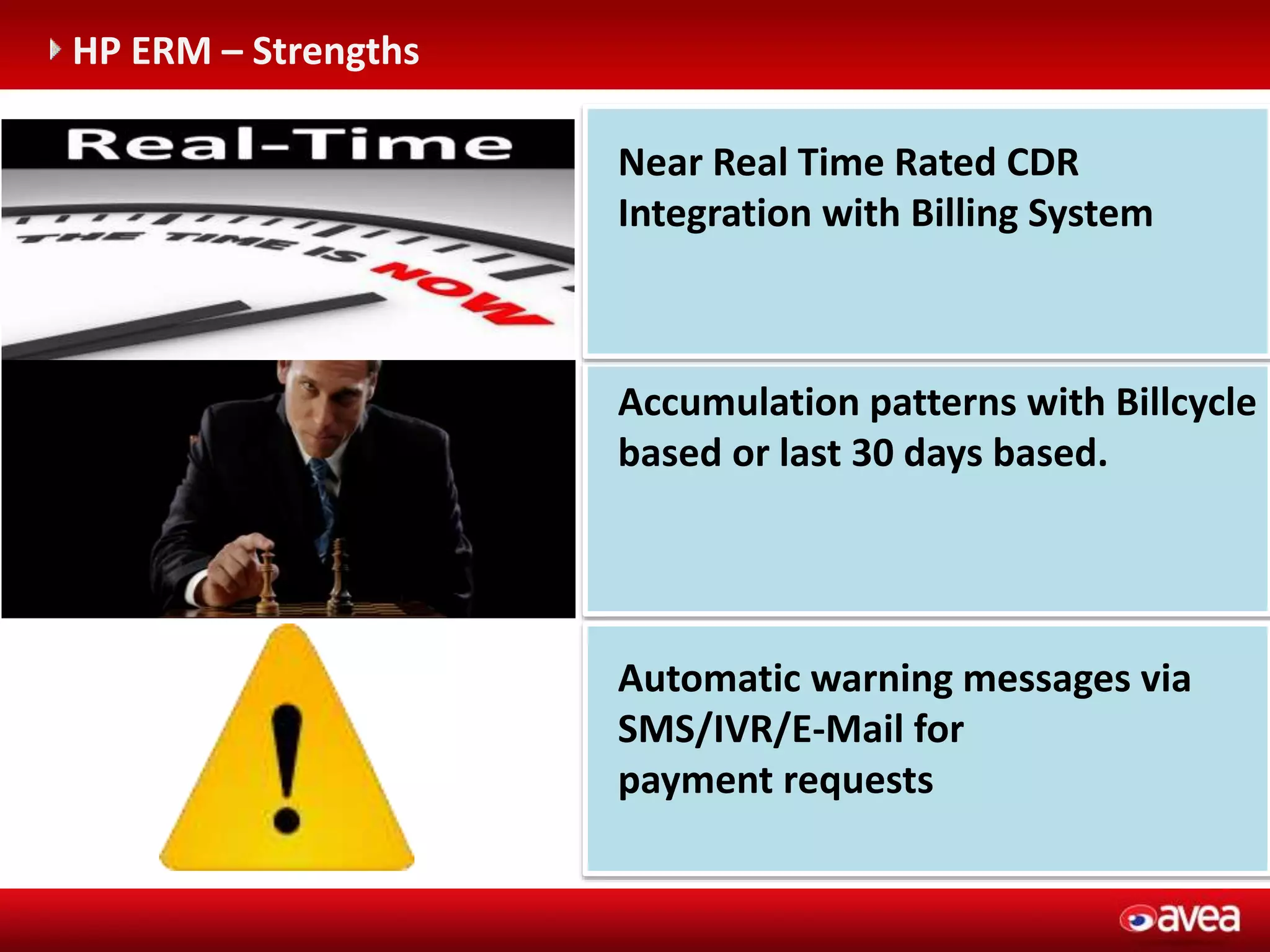 Automatic warning messages via
SMS/IVR/E-Mail for
payment requests
Near Real Time Rated CDR
Integration with Billing System
Accumulation patterns with Billcycle
based or last 30 days based.
HP ERM – Strengths
 