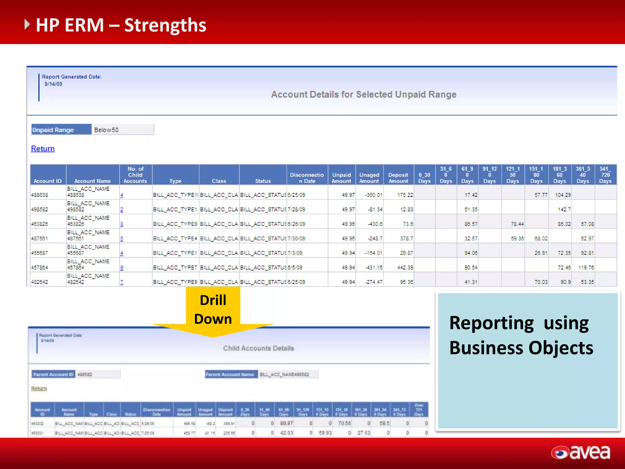 HP ERM – Strengths
Drill
Down Reporting using
Business Objects
 