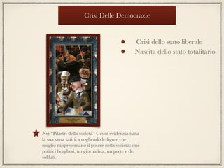 Crisi Delle Democrazie
Crisi dello stato liberale
Nascita dello stato totalitario
Nei “Pilastri della società” Grosz evidenzia tutta
la sua vena satirica cogliendo le ﬁgure che
meglio rappresentano il potere nella società: due
politici borghesi, un giornalista, un prete e dei
soldati.
 