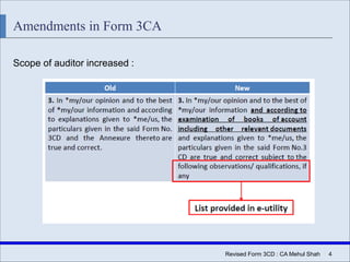 Revised Form 3CD : CA Mehul Shah | 4
Amendments in Form 3CA
Scope of auditor increased :
 