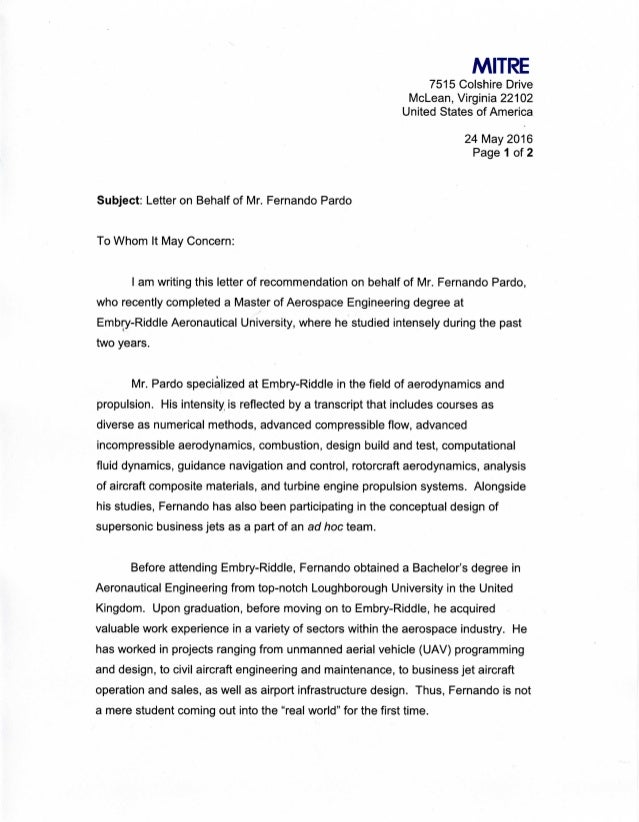 pardo fernando recommendation by b lisker mitre corp embry riddle letter of recommendation