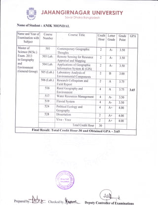 rffil
@MW JAHANGIRNAGAR UNIVERSITY
s@6*&;t"
ft'fi(!.
Sovcr Dhoko Bonglcdesh
Name of Student: AI{IK MOIDAL
Name and Year of
Examination with
Subject
l
Course
Number
Course Title Credit
Hour
Letter
Grade
Grade
Point
GPA
Master of
Science (M.Sc.)
Exam .2013
in Geography
and
Environment
(General Group)
s0l
503 Lrb.
C ontemporary Geographic
Thoughts
2 A- 3.50
3.65
Remote Sensing for Resource
g
2 A. 3.50
504 Lab. Applications of Geographic
(crs)
2 A- 3.50
505 (Lab.) Laboratory Analysis of
nents
2 B 3.00
506 (Lab.) Research Colloquium and
Field Report
2 A 3.7 5
516 Rural Geography and
Environment
4 A 3.7 5
5t7 Water Resources Management 4 A- 3.50
519 Fluvial System 4 A. 3.50
524 Political Ecology and
Dissertation
Viva - Voce
Total Credit Hour
4 A+ 4.00
528 2 A+ 4.00
2 A+ 4.00
30
I
Final Result: Total Credit Hour-30 and Obta ined Gi.PA 3,,65
Prepared Checkedby.M D.puty' controller of Examinations
 